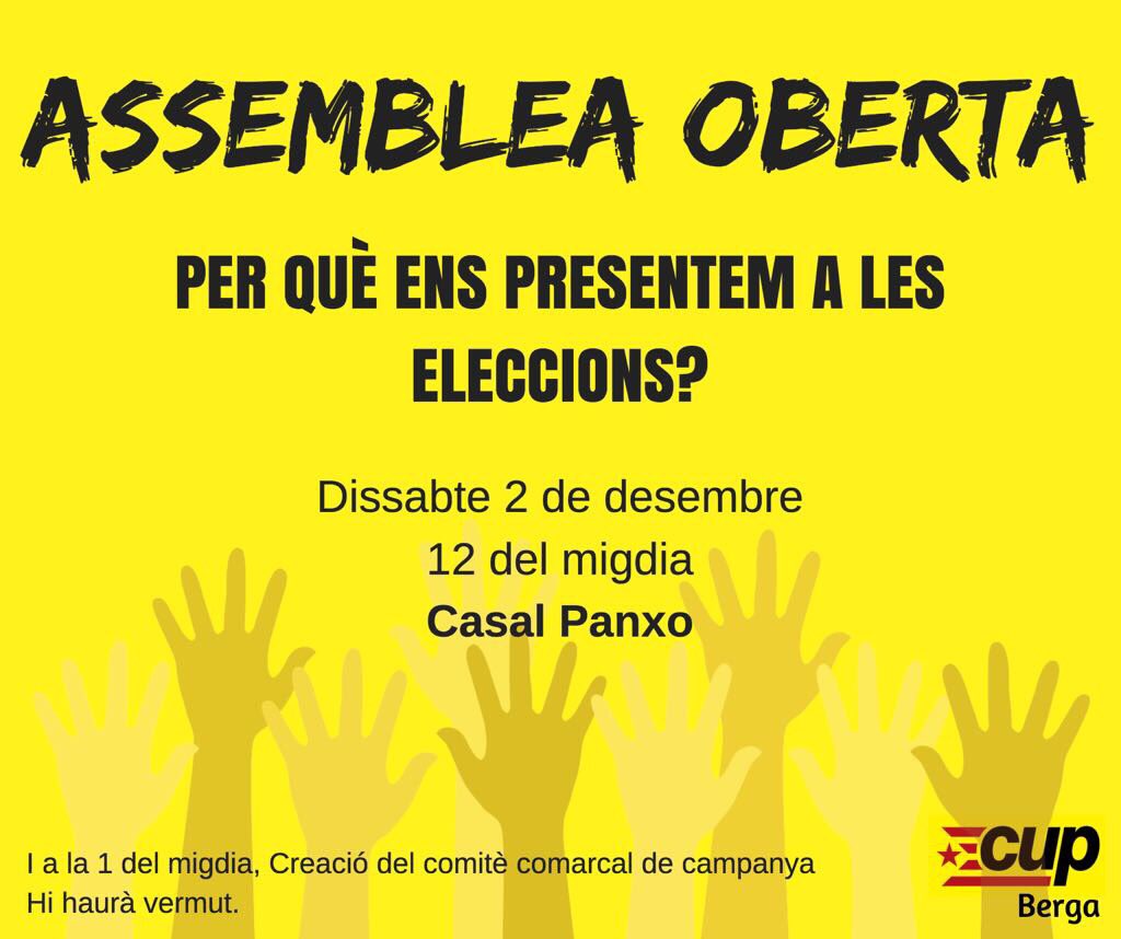 Aquest dissabte us esperem a totes i tots a l’assemblea oberta. Anar-hi! ✊
#21d #PerLaRepública