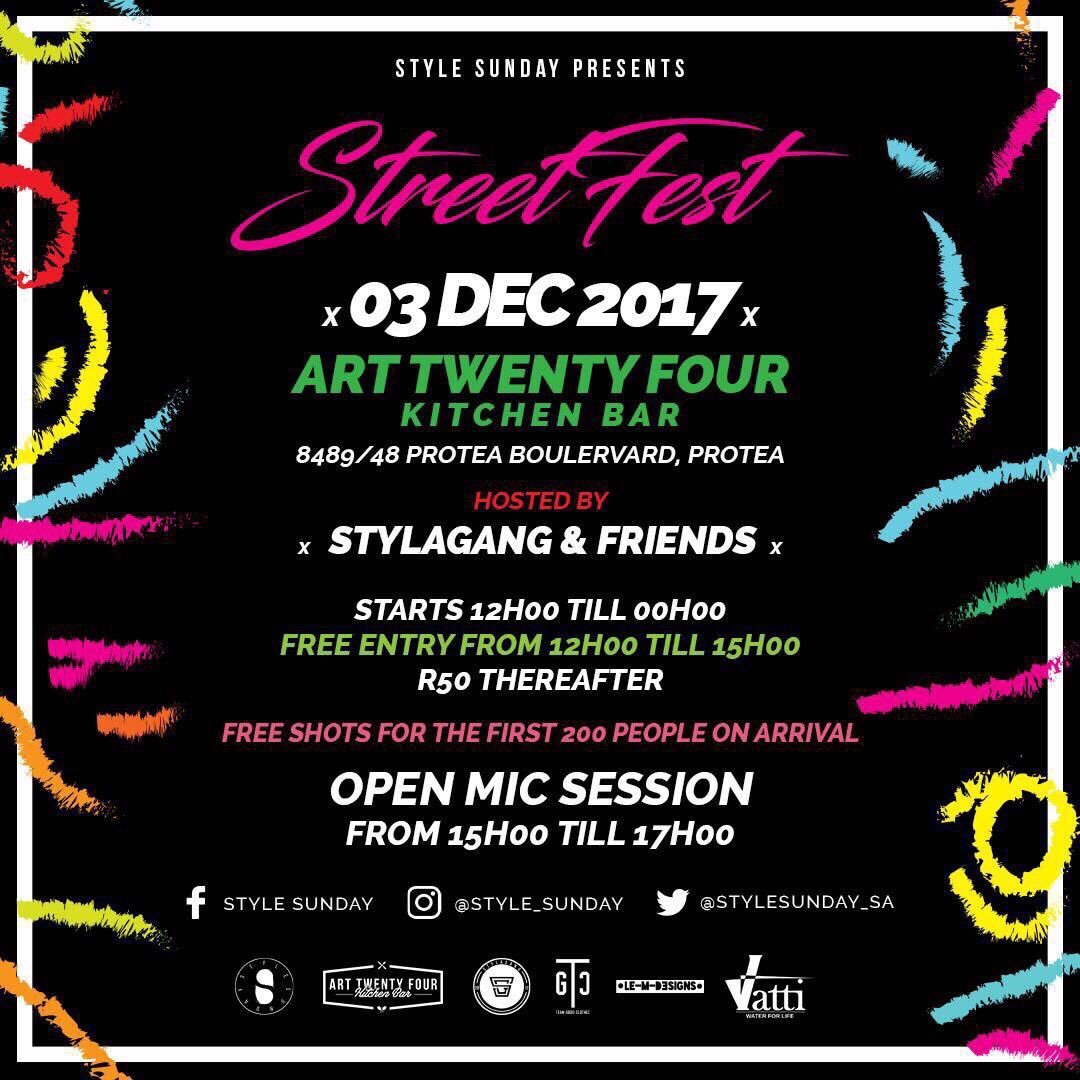 lpo_sa's tweet photo. We will be curating the out door retail experience for all the dopest local brands at the street fest this Sunday, so you know it's gonna be A1.
brought to you by @stylesubstance &amp; @SGOD_ZA 

PLAY TOGETHER
WIN TOGETHER https://t.co/hRoZmWEOaA