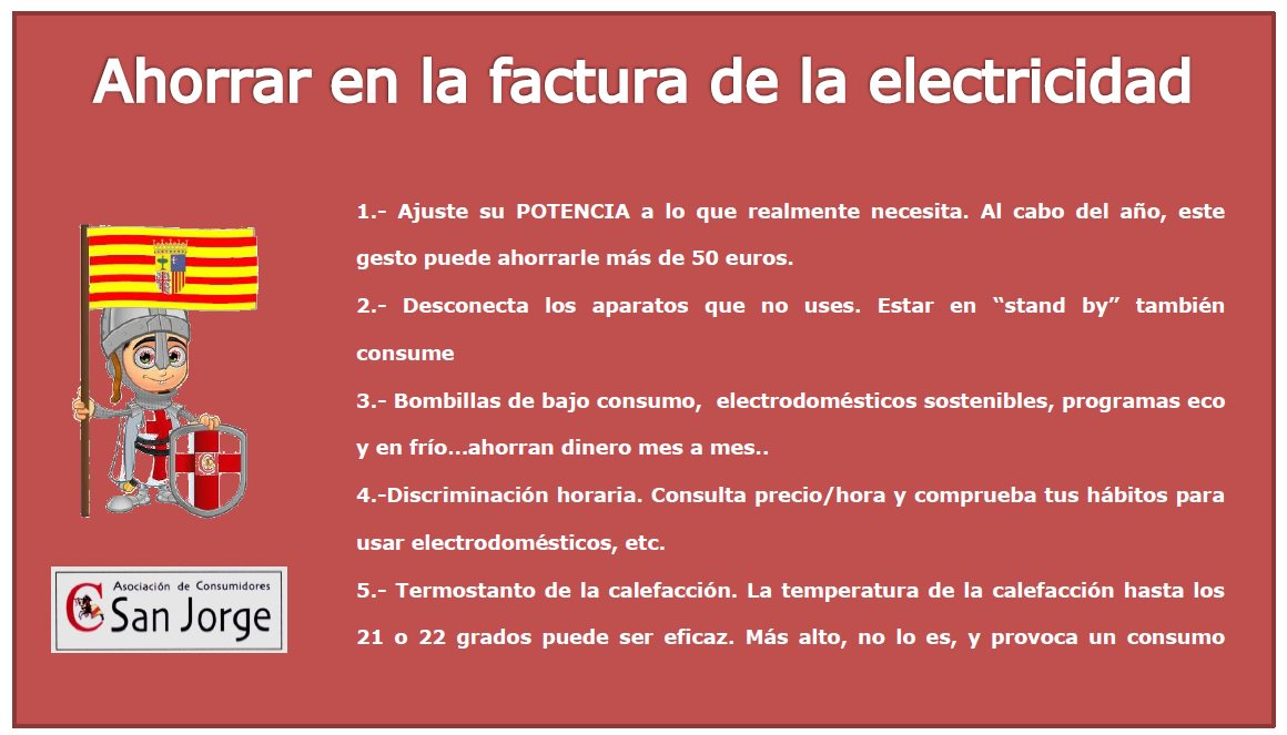 ACSanJorge's tweet photo. Esta tarde, en Centro de Mayores Rey Fernando (ACTUR) de #Zaragoza, charla de nuestra asociación para explicar a los #consumidores la factura de la electricidad, y consejos de #consumo responsable. A las 18 horas. https://t.co/wqPCG4qu3O