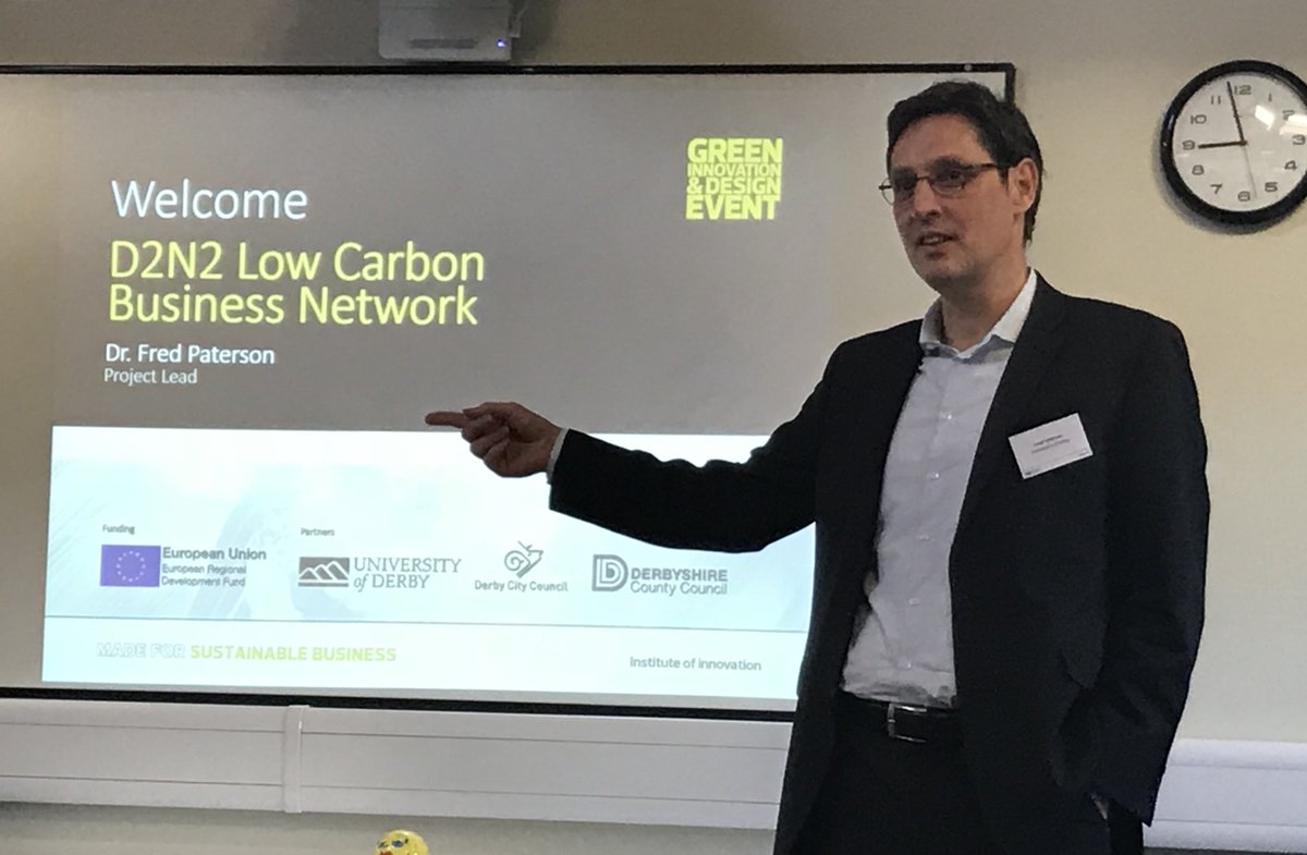 Dr Fred Paterson, project lead for the @D2N2GrowthHub @CarbonDerby  project talking today at the Green Innovation and Design Event at <a href="/DerbyUni/">University of Derby</a>'s Institute of Innovation. #derbyuk #lowcarbon