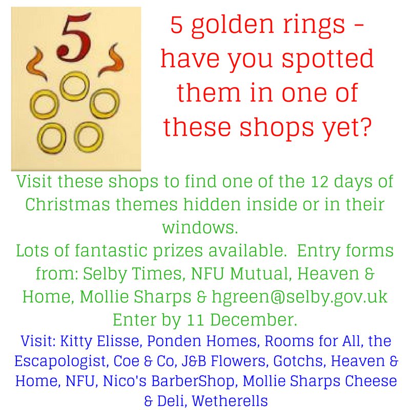SelbyDC's tweet photo. Have you spotted five golden rings in #selby? #Shoplocal, spot the 12 days of Christmas and win great prizes @KittyElisse @heavenandhome_ @MollieSharps  @pondenhome @nfum_Selby @Escapologist_S @RoomsForAll @GotchsSelby https://t.co/9BrqYpG9VC