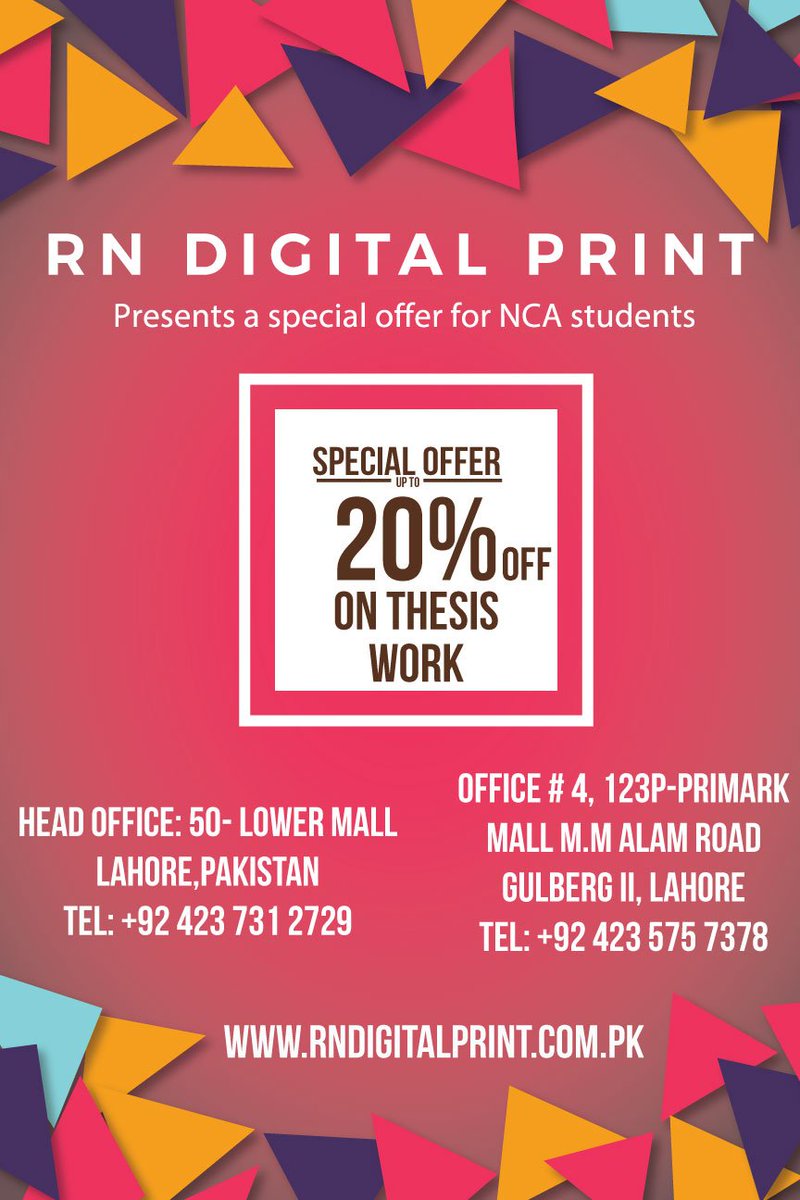 RN_DigitalPrint's tweet photo. RN Digital Print presents a special offer for NCA students get 20% discount on thesis work.
To know more about us visit our website and get amazing discount offers https://t.co/MW0AnFMYHc
#rndigitalprint #digitalprinting #NCA #thesiswork #discount #NCAlife #lifeatNCA 
@NCA_Lahore https://t.co/VrpHefMzjZ
