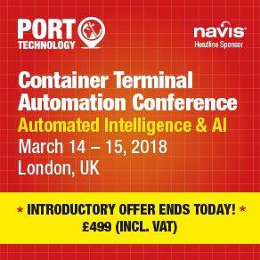 PortTechnology's tweet photo. Container Terminal Automation Conference will be the Industry's biggest event in 2018 - Don't miss out on your chance to get the Introductory rate of £499! ONLY 15 HOURS LEFT!!! https://t.co/kIzu3viy4D
#PTIEvent #BePartOfTheConversation https://t.co/iyFWM24sRa