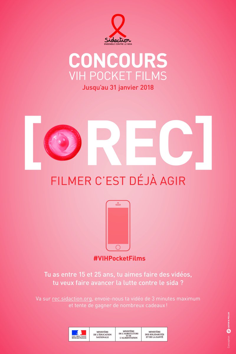 Sidaction's tweet photo. #Sidaction, par le biais de son concours #VIHPocketFilms, invite tous les jeunes de 15 à 25 ans, à réaliser de courtes vidéos sur les enjeux actuels de la santé sexuelle et de la lutte contre le #sida. Plus d'informations sur https://t.co/L8JnNhrMNc https://t.co/c5vTGDP3AS