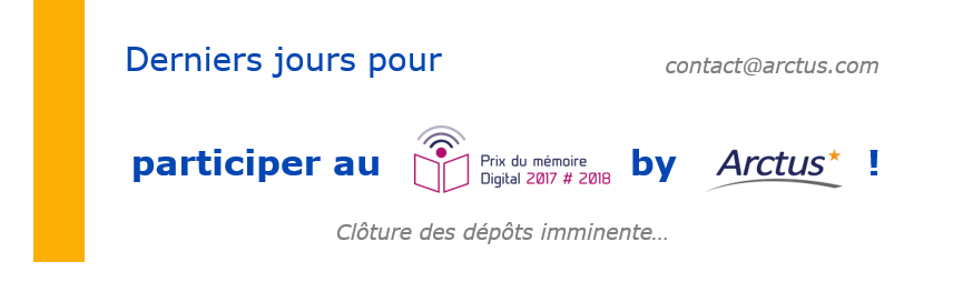 #PrixMemoireDigital: derniers jours pour participer ! Un petit mail à contact@arctus.com pour nous envoyer votre #mémoire et peut-être gagner 2000€ ;) #BonneChance! cc <a href="/roudaut_gaelle/">Roudaut Gaelle</a> <a href="/iarctus/">Isabelle Reyre</a> <a href="/Marclippa/">LIPPA Marc</a> <a href="/SebChatel/">Sebastien Chatel</a> <a href="/JeromePauzies/">Jérôme Pauzies</a> <a href="/M_Leroy/">Marie Leroy</a> @thomas_millard bit.ly/2zJBkGC