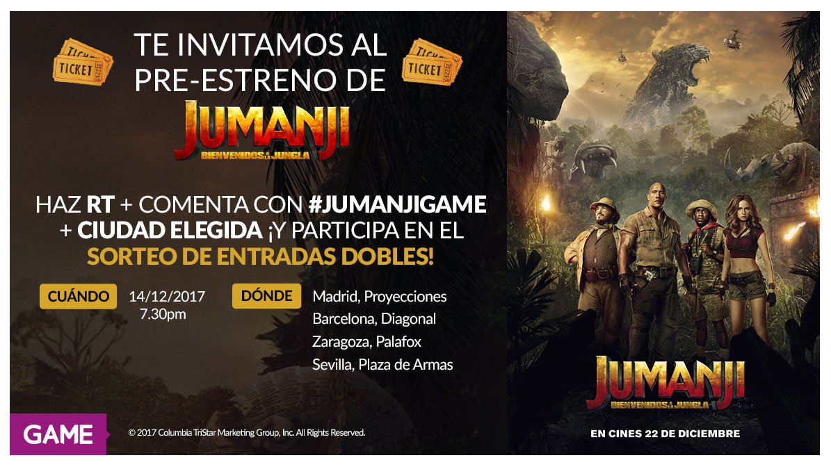 VideojuegosGAME's tweet photo. ¡Últimas horas para participar con #JumanjiGAME! 
Participa ahora o calla para siempre🤐

https://t.co/jxuJUBPPZo https://t.co/o0ZKRkZMRd