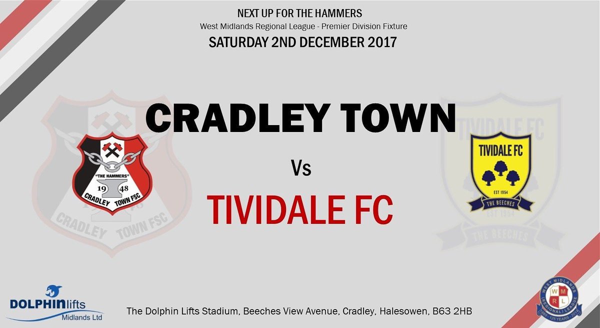 CradleyTown_FSC's tweet photo. Big local derby this Saturday! 
Vs @TiviFCofficial 
⏱ 3pm KO 2/12/17
🏟 Dolphin Lifts Stadium
📍B63 2HB
Come down and support the hammers! ⚽️⚒⚽️
@WMRLUpdates @halesowennews @CJFlavell https://t.co/KBrp4Fnvc9