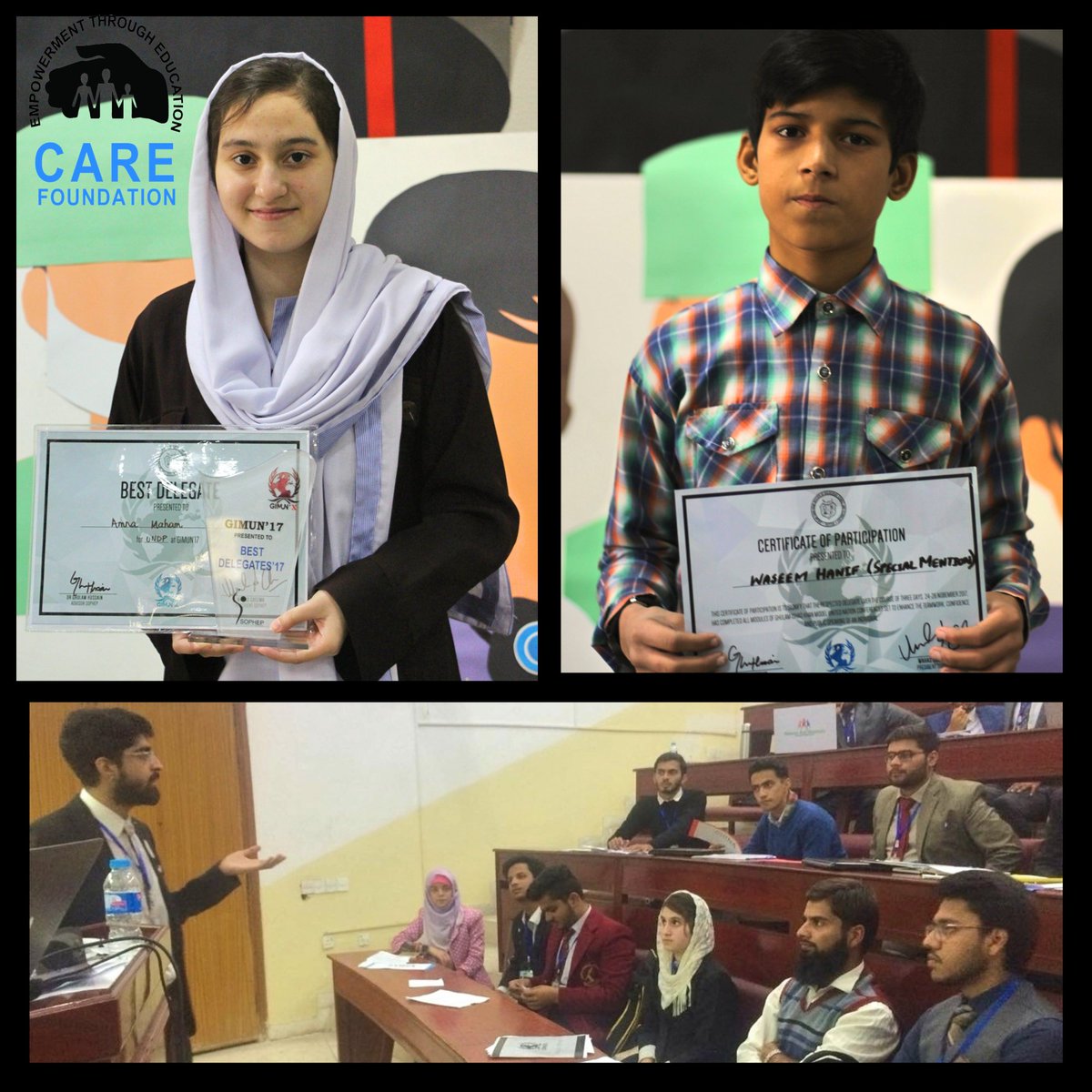 CAREFoundation_'s tweet photo. CARE Students made us proud by competing at #GIMUN17. Amna Maham from CARE Adopted C.D.G. Girls High School Fategarh won the #bestdelegateaward and Waseem Hanif from C.D.G. Boys High School QLS received an #honorarymention at the event. #Congratulations to both of them! https://t.co/NEYllqVVVo