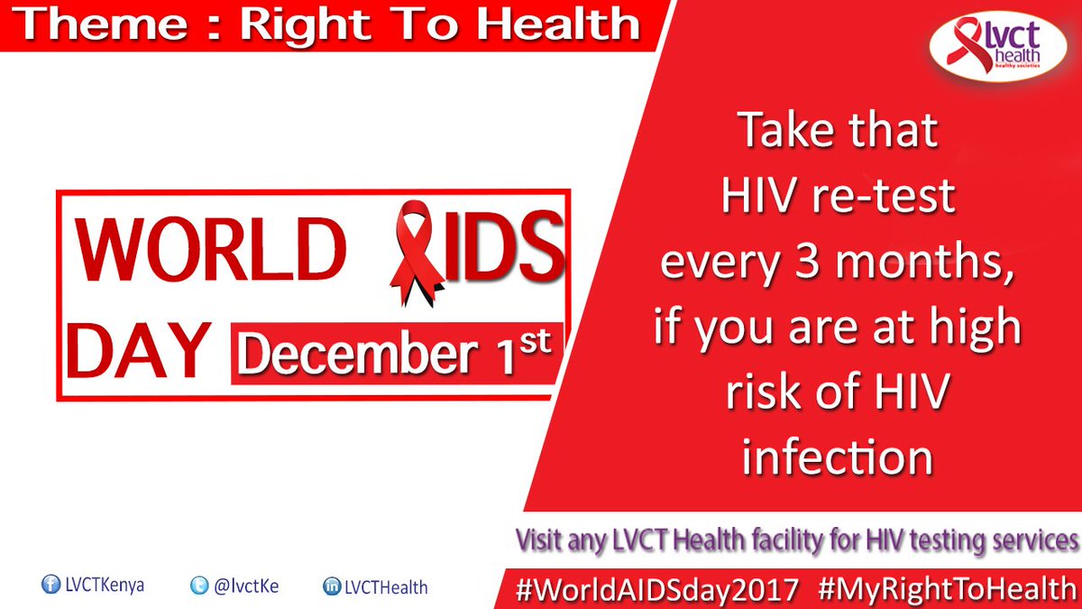 LVCTKe's tweet photo. As we mark #worldAidsday2017 on #RighttoHealth, We believe that #Everyonecounts. As long as you are at high risk of HIV infection it is important to take theHIV test after every 3 months. #youthnaplan #worldAIDSDay2017 #16DaysofActivism2017 #EndGBV @one2oneK @ahfkenya @NACC_Kenya https://t.co/YqnXiTi3sO