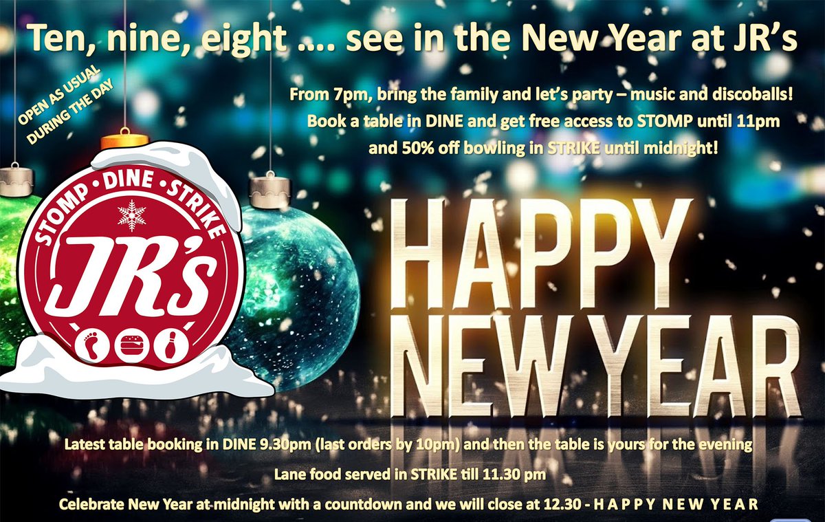 RossisLeisure's tweet photo. Celebrate the New Year at JR's! Bring the family and let’s party – music and discoballs! Book a table in DINE and get free access to STOMP until 11pm and 50% off bowling in STRIKE until midnight. All information on our FB 
event page. #STOMP #DINE #STRIKE https://t.co/5UFviYufFI