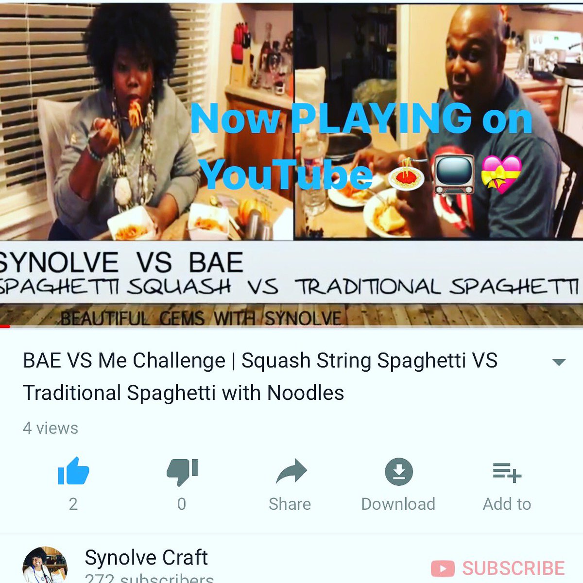 Synolve's tweet photo. Beautiful GEMS 💎:
BAE @miltonwcraft Challenged ME 👀(Ya Girl) 🙋🏾♀️ to a Taste Test -> My Squash String Spaghetti 🍝 VS His Traditional Spaghetti 🍝 with Noodles!
You wanna know who won? Me or BAE? Watch & See 📺
https://t.co/wGsJ3Ou6eh #squashspaghetti #youtubechallenge https://t.co/kYIZXP10ZT
