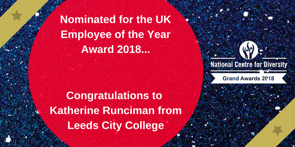 NCFDiversity's tweet photo. We're delighted to see that Katherine Runciman from @leedscitycoll has been nominated for the UK Employee of the Year Award 2018! #NCFD18 https://t.co/zcebLM4UU5