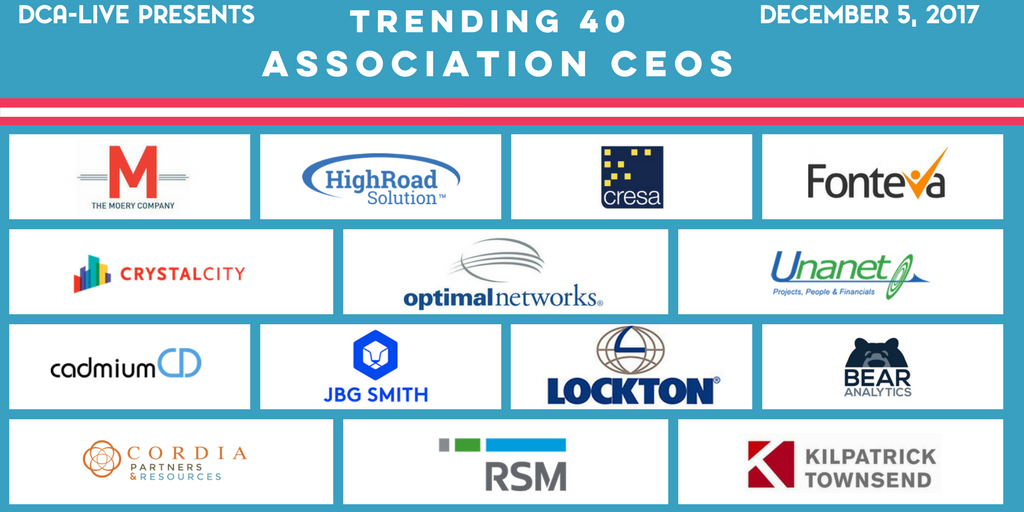 DCALive's tweet photo. We have some fantastic sponsors for next week's #Trending40 Association CEOs including @themoerycompany @highroadsol @cresadc @fontevainc @ccbid @optimalnetworks @unanettech @cadmiumcd @jbgsmith @lockton @BearAnalytics @CordiaPartners @CordiaResources @RSMUSLLP @KTS_Law! https://t.co/kymLaNowea