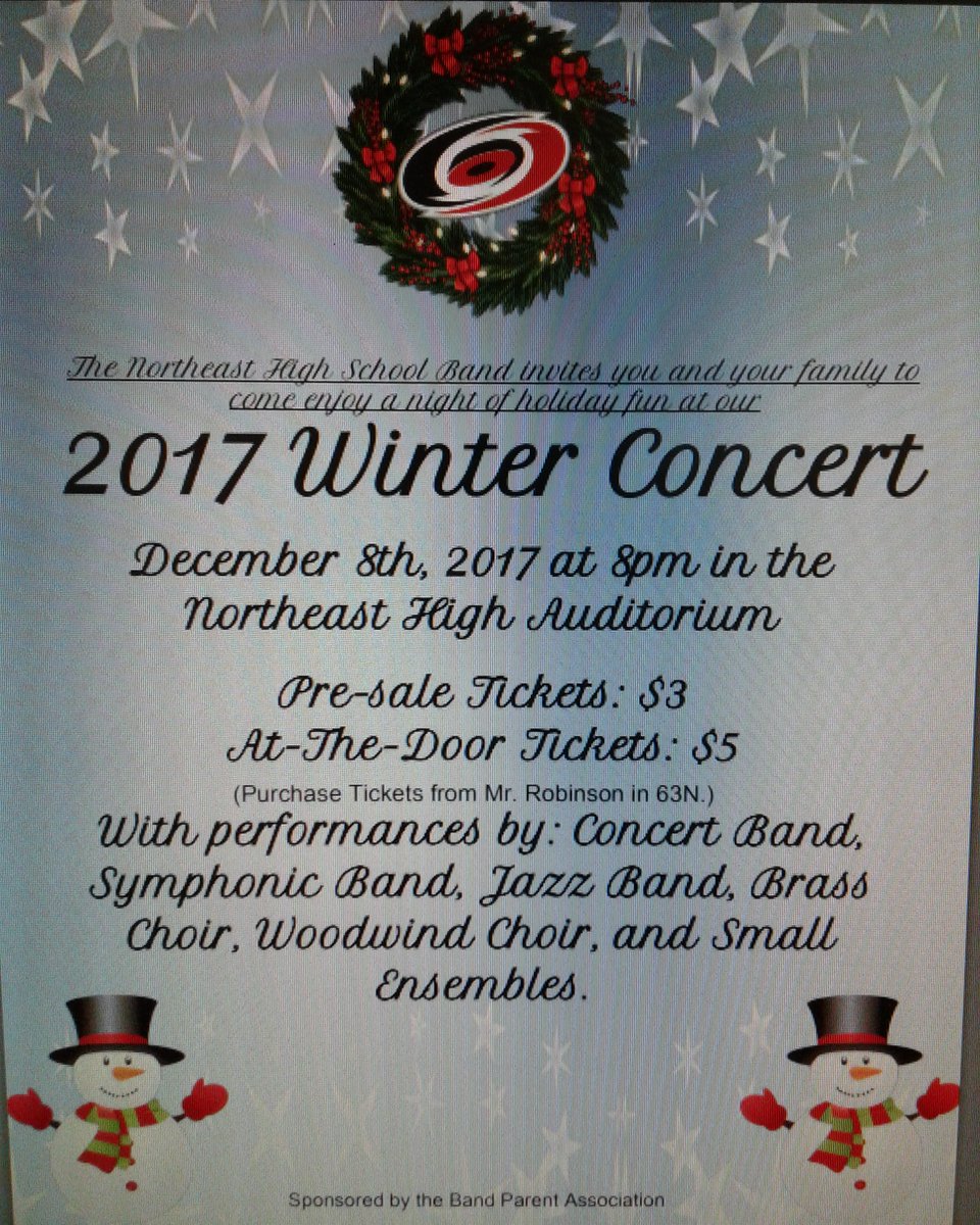 CanesBand's tweet photo. Winter Concert Pre-Sale tickets can now be bought for $3 each! See Mr. Robinson in the auditorium or find a band member today! ❄🎶 https://t.co/LMjCjZyq6i