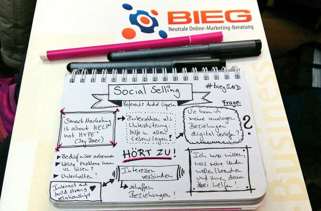 pinkfisch's tweet photo. Worauf kommt es an beim #SocialSelling in #sketchnotes . Der Vortrag von @wirjetzthier  beim #BiegSMD https://t.co/vUjTzv3tGz