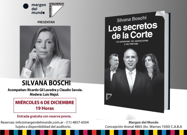 SilvanaBoschi's tweet photo. El miércoles 6 de diciembre a las 19hs presento mi libro “Los secretos de la Corte” en el espacio Margen del Mundo. Te espero. https://t.co/hyzYDA9aS4