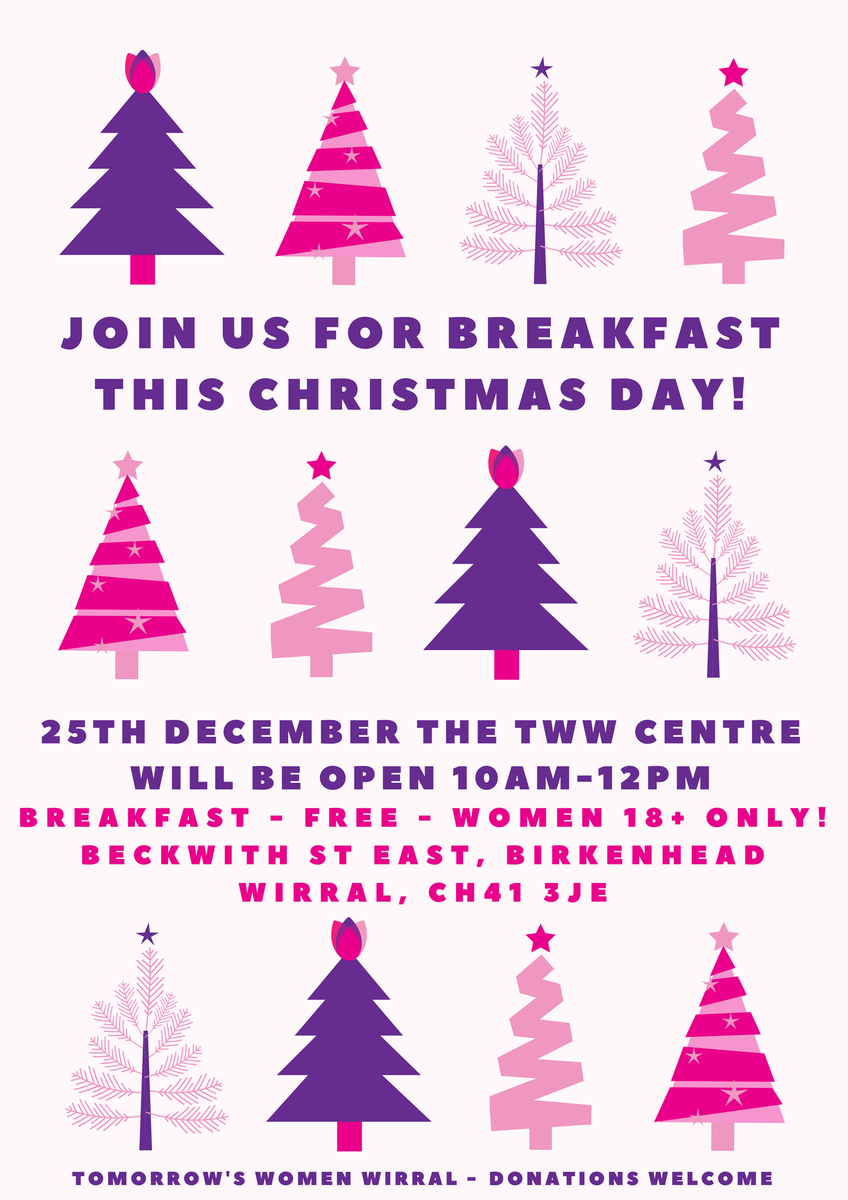 TomorrowsWomen's tweet photo. Once again the TWW centre is open Christmas Day morning for breakfast. Nobody should be alone on Christmas Day! 10am-12pm. Women only 18+. Please RT &amp; share. https://t.co/ayNAXJttnz