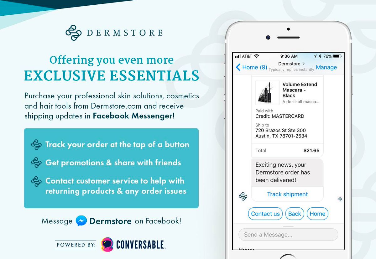 conversable's tweet photo. Our friends at @Dermstore are upping their customer service game with order status notifications via Messenger.  Check it out: https://t.co/VIEL22bxoL #customerservice #PoweredByConversable https://t.co/JTOfWrOKWo