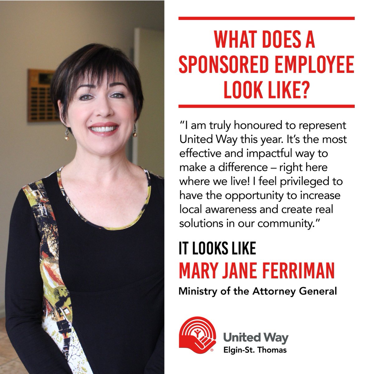 SttelginUW's tweet photo. Introducing our Sponsored Employee, Mary Jane Ferriman from Ministry of the Attorney General! #SESpotlight #LdnOnt #ChangingTheOdds https://t.co/0VD5325z3j