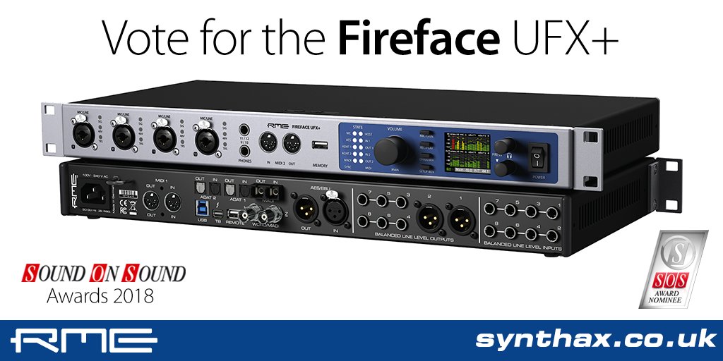 SynthaxAudioUK's tweet photo. Voting closes today in the @sospublications Awards. Last chance to show your support for @RME_News by voting the Fireface UFX+ as #bestaudiointerface! Cast your vote here >>> https://t.co/XhutJ8Wti3 https://t.co/ANQFAq88s8