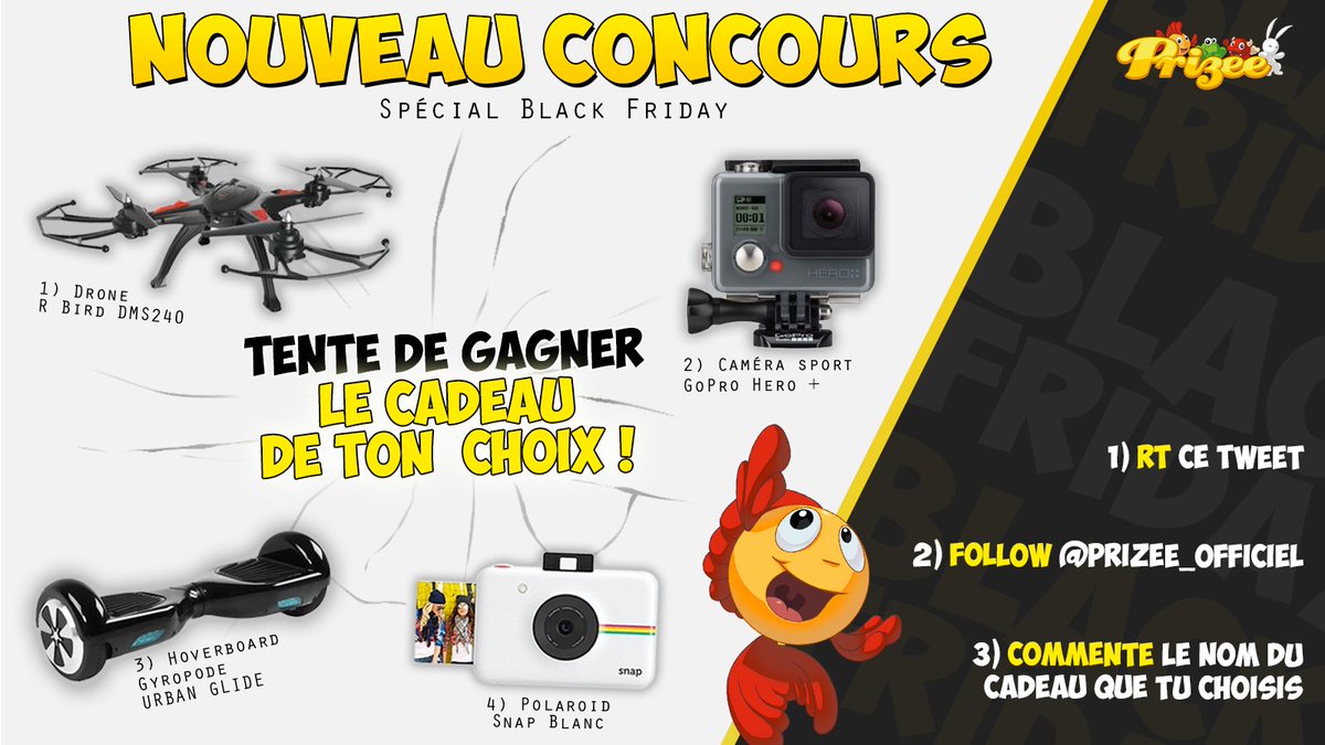 prizee_officiel's tweet photo. 🎁 Info #JeuConcours 🎁 Plus que 24h pour tenter de gagner un cadeau parmi le #Drone, la #Gopro, le #Polaroid et l'#Hoverboard ! #RT + #Follow  @prizee_officiel + Commente avec le nom du cadeau !   🍀 🍀 Bonne chance 🍀🍀 #BlackFriday https://t.co/qIgGBVW7Ig