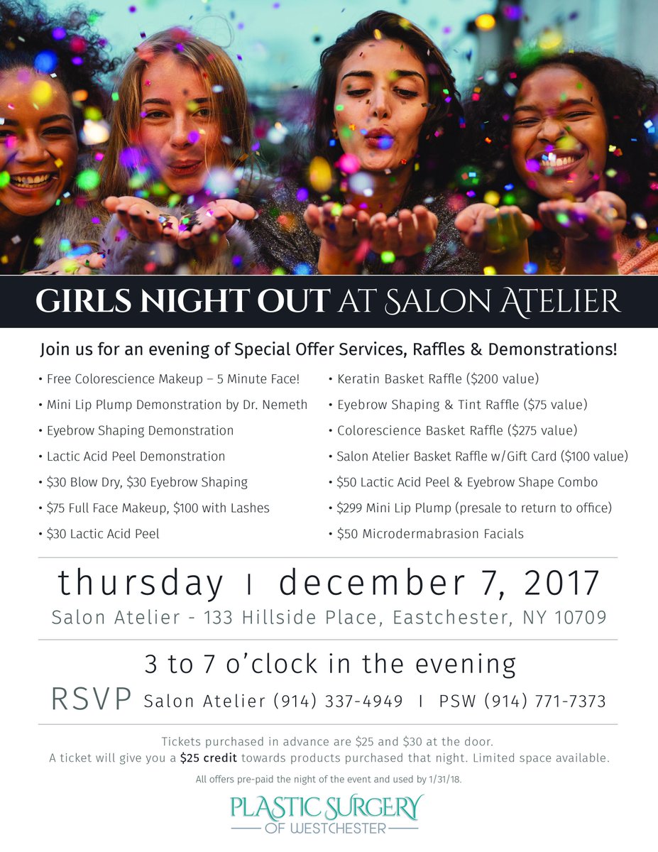 pswdocs's tweet image. Please join us for a Girls Night Out Event, December 7th, 2017, 3-7pm at Salon Atelier for Special Offers, Raffles and Demonstrations. #spaparty #Westchester #GirlsNightOut #westchesterevents #nyevents #westchesterspa