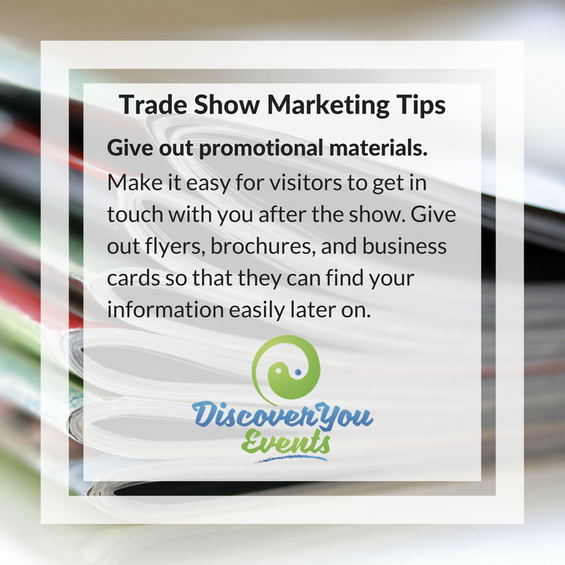 DiscoverUEvent's tweet photo. Hand out plenty of promotional &amp; informational literature - flyers, brochures, &amp; business cards! #TradeShowTips #DiscoverYouEvents https://t.co/8pgeUXqUnI