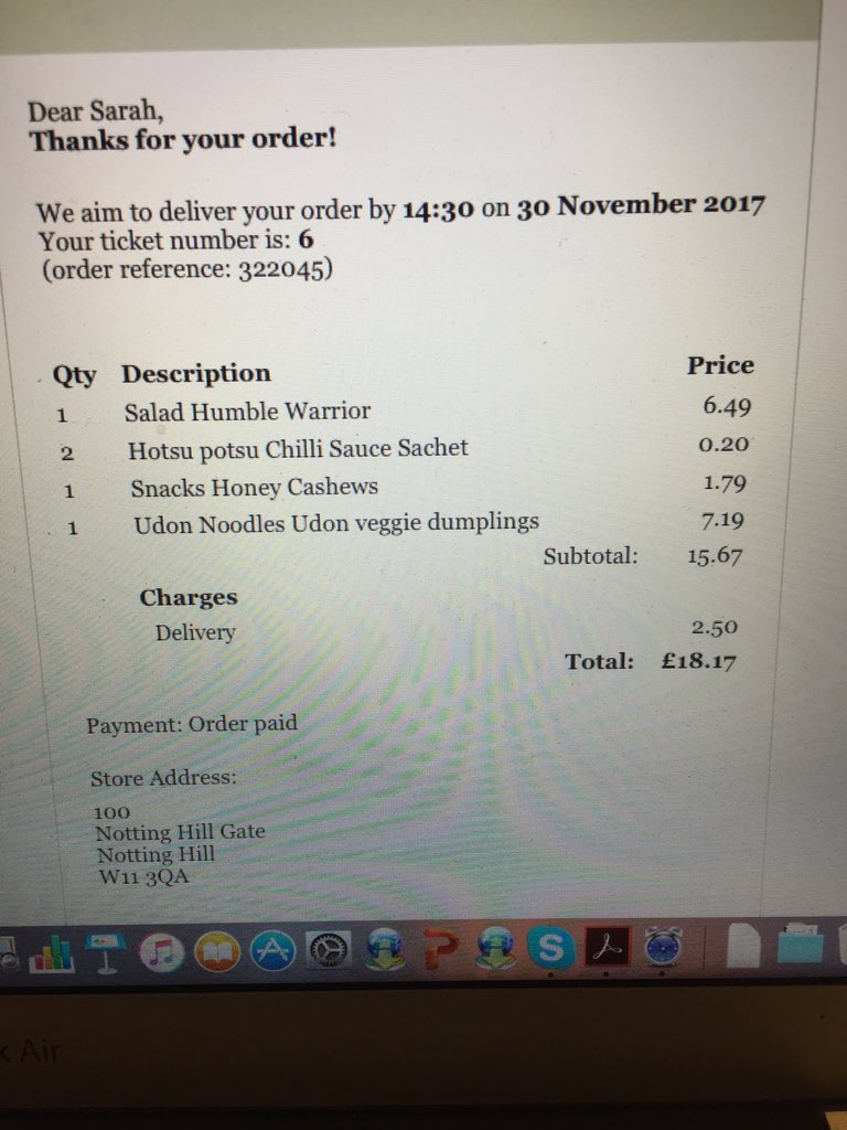 HookedOnLondon's tweet photo. @ItsuOfficial We never received the salad. Just the noodles :( sarah@britbound.co.uk https://t.co/WWr2IGfevd