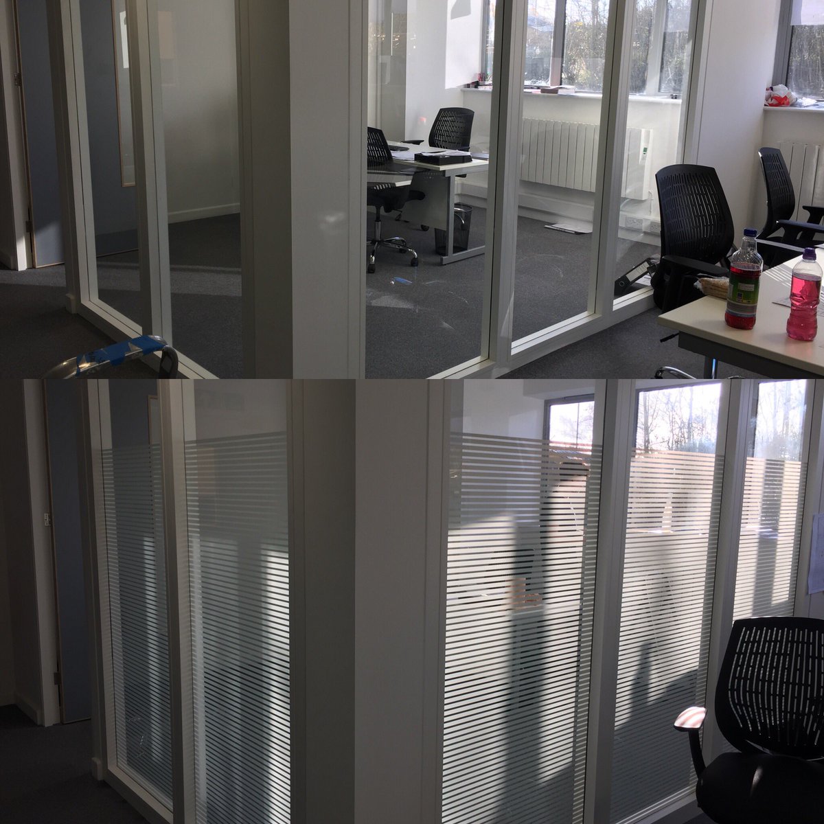knightlywindow1's tweet photo. 12mm frosted stripes added to office windows @knightlywindow1 #manifestation #glazing #office #window film https://t.co/vSLxgvC1pt