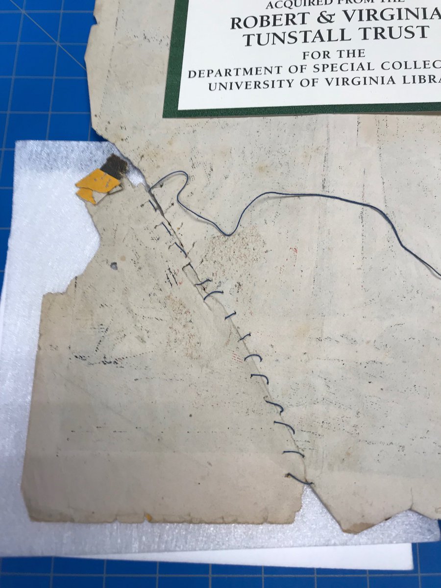 What do you do with a “Frankenstein mend”? Keep it as provenance? I’m thinking that a bunch of bridge mends might stabilize without interfering with the thread. #UVaLibrary #foundinlibraries