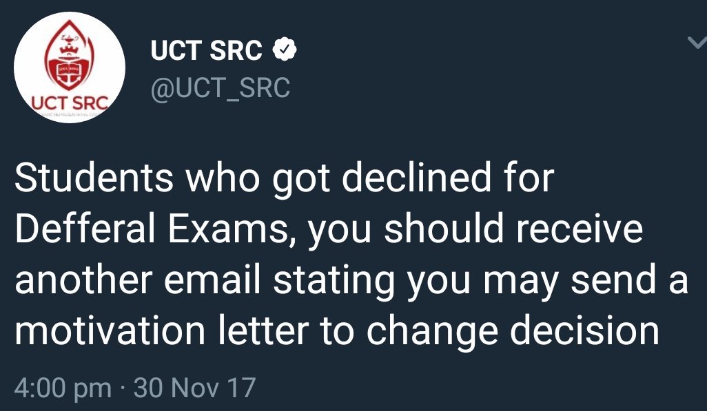 UCTReport's tweet image. If you got declined deferral exams you will get another chance.