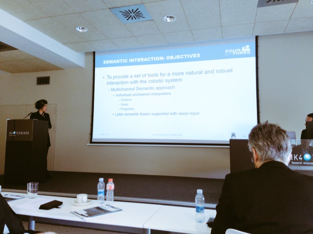 FourByThree_PRJ's tweet photo. Moving on to ease of use. Izaskun from @IK4_TEKNIKER presents FourByThree's multichannel approach to semantic interaction, starting with voice-based interaction. https://t.co/jXIkSnKCko