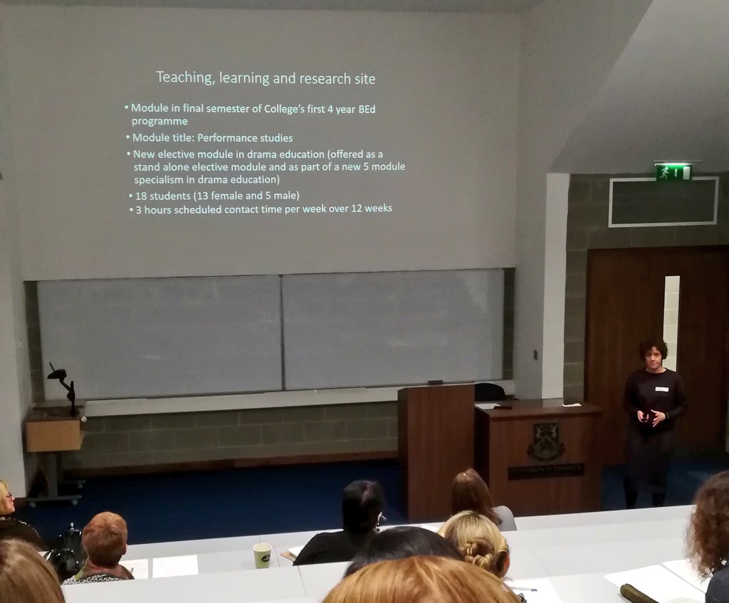 LiamDGuilfoyle's tweet photo. Dorothy Morrissey presents on the use or performance as a pedagogy in teacher education - becoming agents of change in rewriting the scripts... #IrishTed https://t.co/2NZUdnTgaE