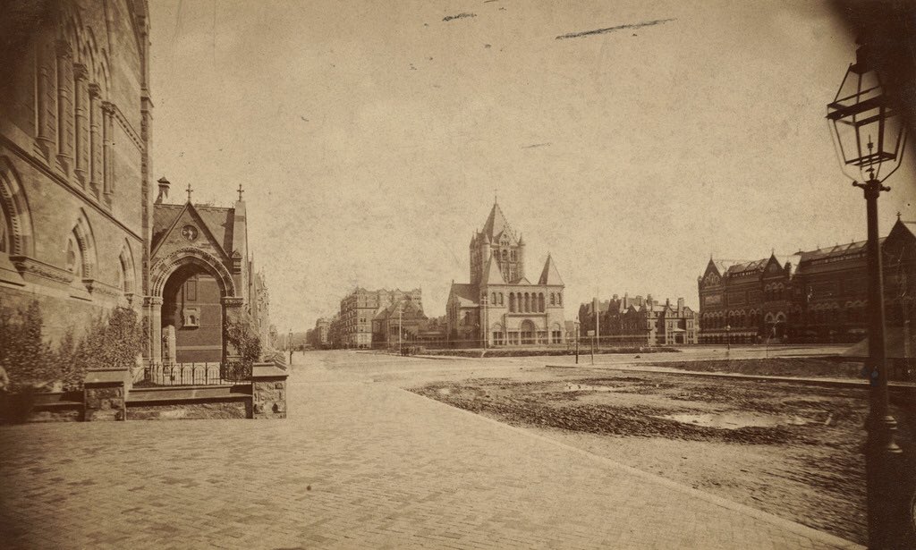 LostNewEngland's tweet photo. #CopleySquare in #Boston, with the old @mfaboston building in the far right and Trinity Church in the center, around 1893 and 2015. https://t.co/aAf225dWxp https://t.co/Z5t2J6tVVP
