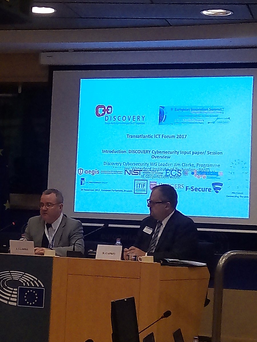fcleary29's tweet photo. @TSSG_WIT -TSSG Jim Clarke moderator of the #TIF17 @Discovery_EU Cyber-security session, in European parliament, brussels. https://t.co/ucx5sjBIkK
