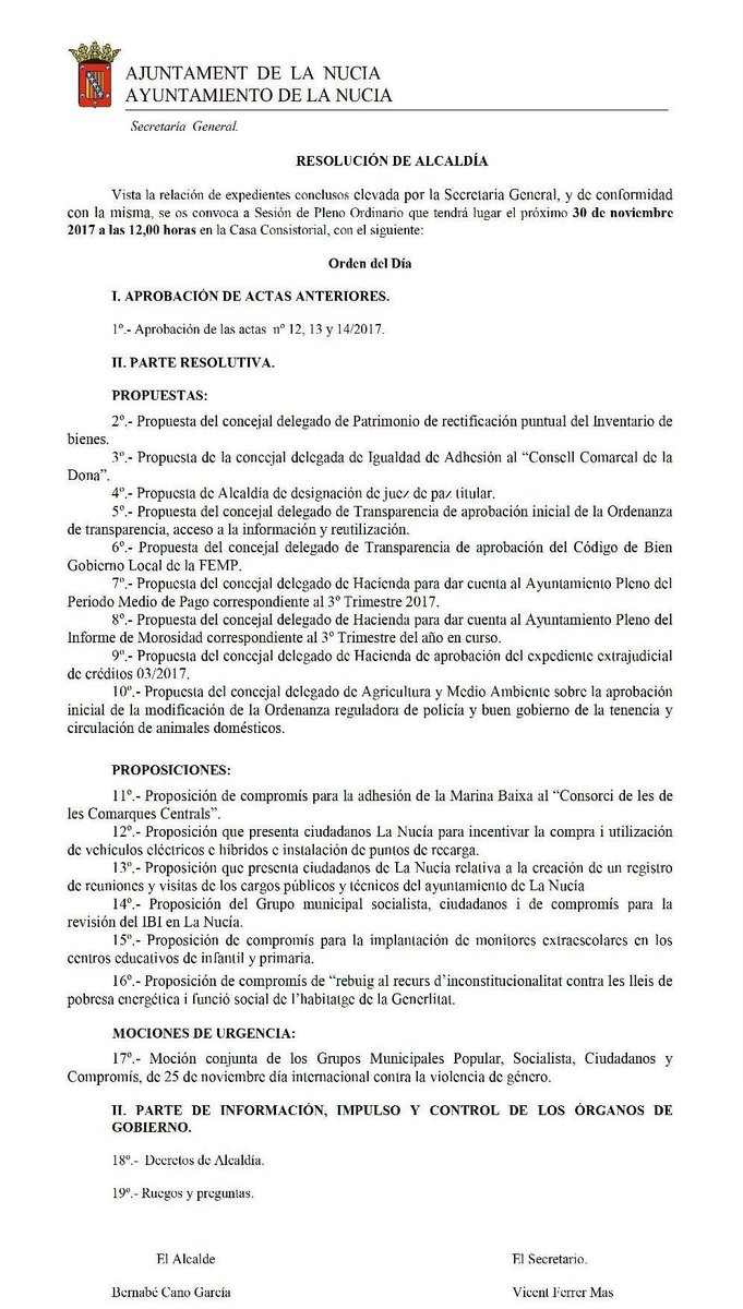 Pleno Ordinario del Ayuntamiento de <a href="/LaNuciaES/">La Nucía</a>. Os comparto el intenso Orden del Día que tenemos en esta sesión.
