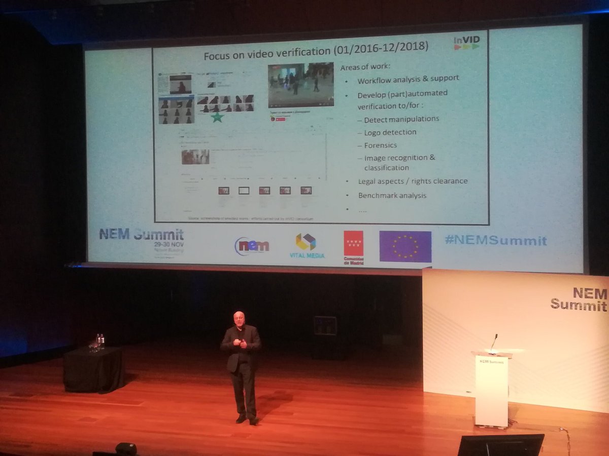 InVID_EU's tweet image. Thanks a lot to @NEM_Initiative for giving @jospang the floor at #NEMSummit to portray what we do in InVID.
We were featured in his keynote on dealing with and verifying information residing in social networks and elsewhere.
(Photo credit: NEM Initiative)