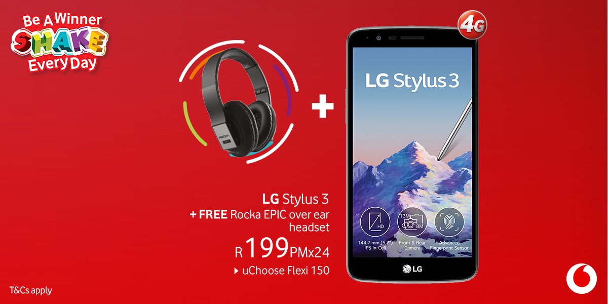 Vodacom's tweet image. Summer wouldn’t be Summer if it wasn’t for our deal of the day! Get the LG Stylus 3 with FREE Rocka EPIC Over Ear Headset valued at R499 on SA’s Best Network*! While you’re at it RT this tweet to unlock the #ShakeEveryDay prize of the day. bit.ly/2jxhjrS T&amp;amp;Cs apply