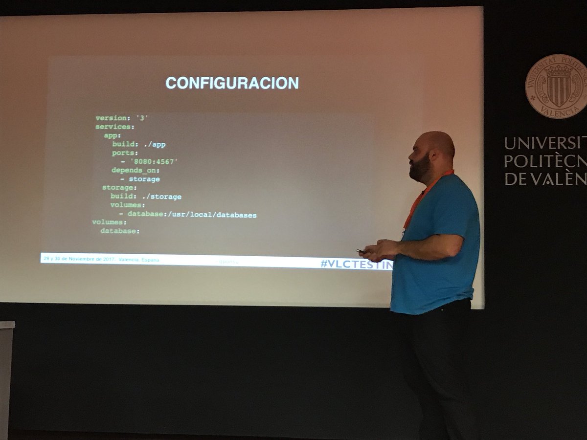 jaruzafa's tweet photo. . @gponsu de @FlywireCo nos explica las ventajas de Docker Compose en la creación de entornos de test #VLCTesting17 https://t.co/HjX298UQyQ