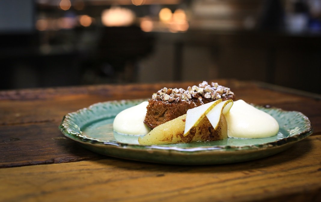 GordonRamsay's tweet photo. Stunning new desserts on the seasonal menu @mazerestaurant like this maple pecan cake with poached pear and star anise custard ! https://t.co/PiiHtKUMO9