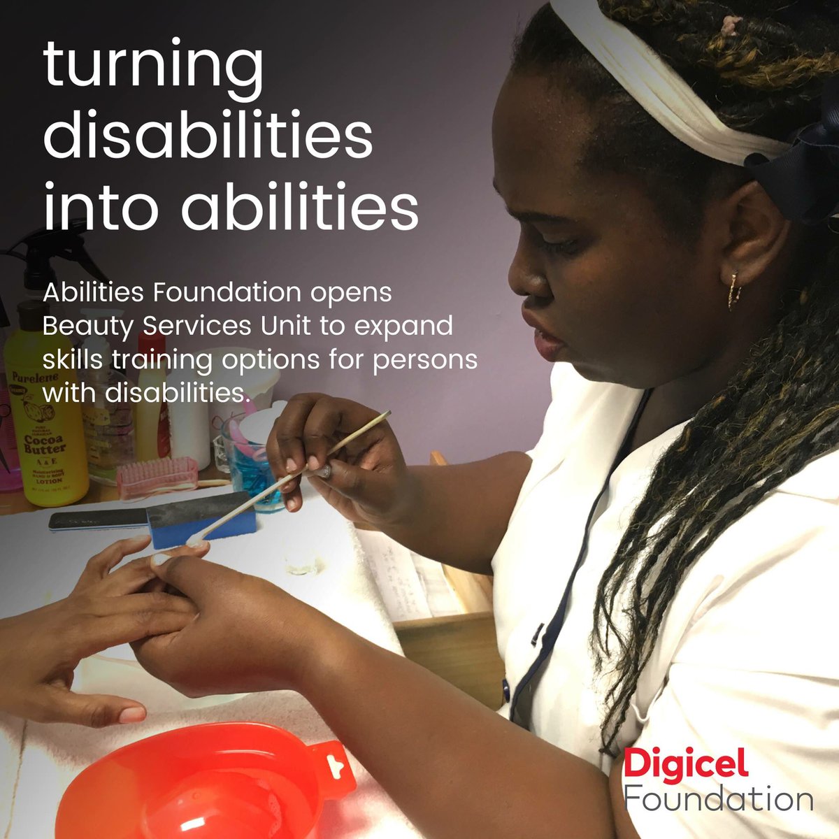 DIGICELJamaica's tweet photo. On Nov 28, the Abilities Foundation officially opened its Beauty Services Unit, which provides cosmetology training to persons with disabilities
The Unit offers a tailored course & was funded in part by a $1M donation by #DigicelFdnJA from funds raised at the 2016 Digicel 5K. https://t.co/aXRtmHA4lp