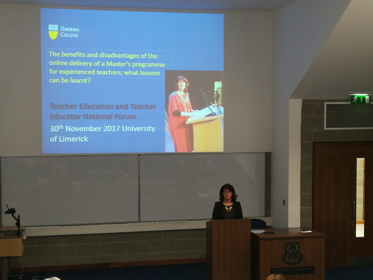 LiamDGuilfoyle's tweet photo. Dr. Teresa Whitaker of @HiberniaCollege presenting on the students experiences of a fully online MA in Teaching and Learning. #IrishTed https://t.co/MAhL96aJHF