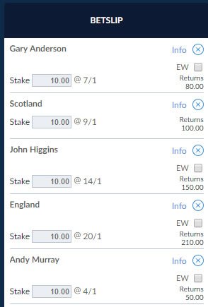 McBookie's tweet photo. Happy St Andrew's Day to all our customers. 

Retweet for a chance to win the perfect patriotic bet slip

Gary Anderson - World Championship
Scotland - Six Nations
John Higgins - World Championship
Andy Murray - Wimbledon
England - World Cup - just to ease the pain https://t.co/hHGMVJ1Pkb