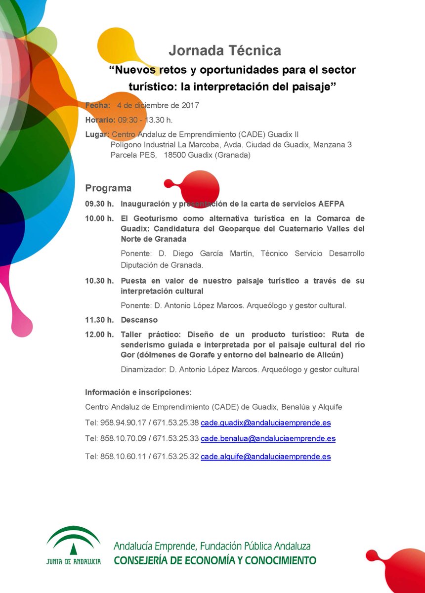 cadegranada's tweet photo. ¡Nuevos retos y oportunidades para el sector turístico, la interpretación del paisaje'
Jornada técnica #CADEGuadix #CADEBenalúa #CADEAlquife 04/12. #Geoturismo alternativa turística en Comarca de #Guadix  Puesta en valor de nuestro paisaje turístico +info: https://t.co/u6I5zAJsfQ https://t.co/jsvhDy4zFQ