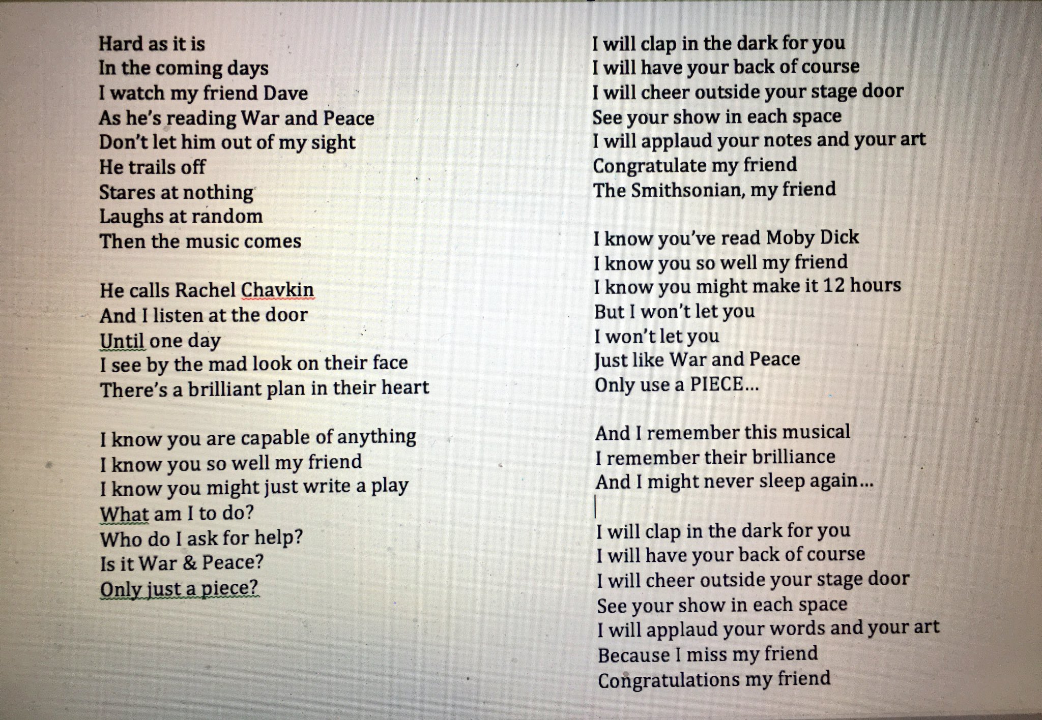 Lin Manuel Miranda Wrote Sang These Lyrics To Sonya Alone On The Occasion Of Dave Malloy Rachelchavkin S Smithsonian Honor Last Night T Co F9hd0lq0ak Twitter