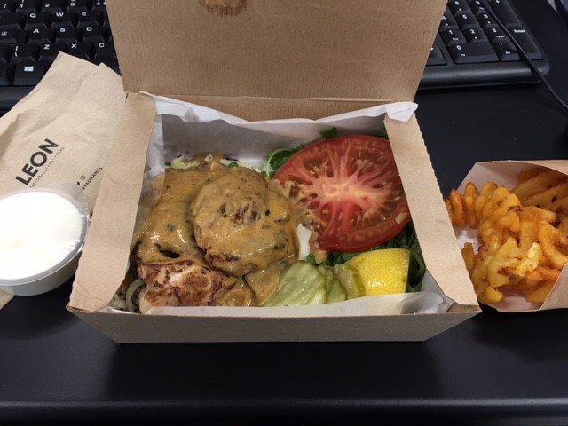 halescop's tweet photo. When your lunch order was an @leonrestaurants korean burger and you get back to your office and discover a naked satay burger camping out in the box instead 🤔(BTW - The Leon Christmas Wrap is the best ever!!) https://t.co/610SIvDk2T