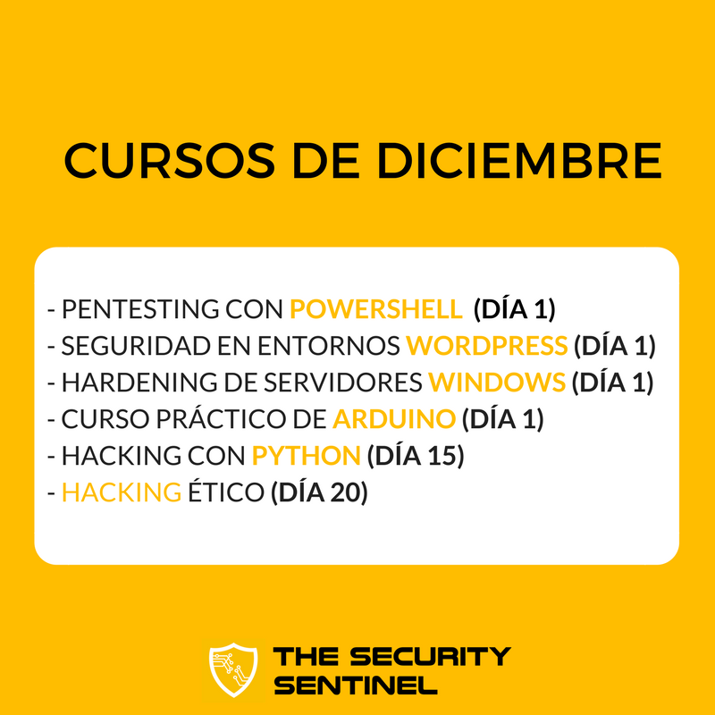 TSSentinel's tweet photo. ¡Apúntate a fuego estas fechas! 🔥
Nuestros cursos de diciembre, #HackingÉtico, #Pestesting, #Hardering y mucho más.
⚠️ ¡Atentos! ⚠️ https://t.co/lEMYRBbCvh