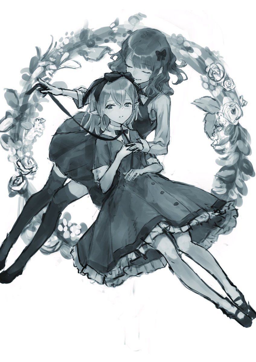 multiple girls 2girls dress monochrome thighhighs hair bow bow  illustration images