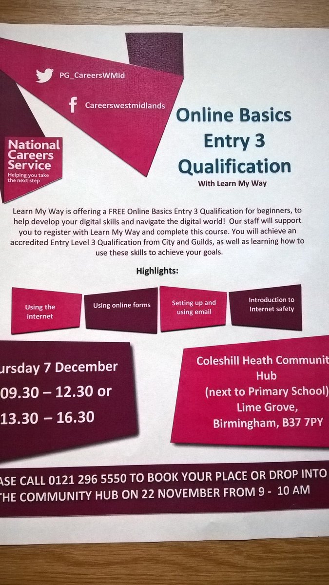 CommUnityHubs1's tweet photo. FREE - online basics qualification in half day on 7 December in the Hub @ColeshillHeath @NorthSolihull @SolihullE4S call 0121 296 5550 to book. https://t.co/glXz9W7mBk