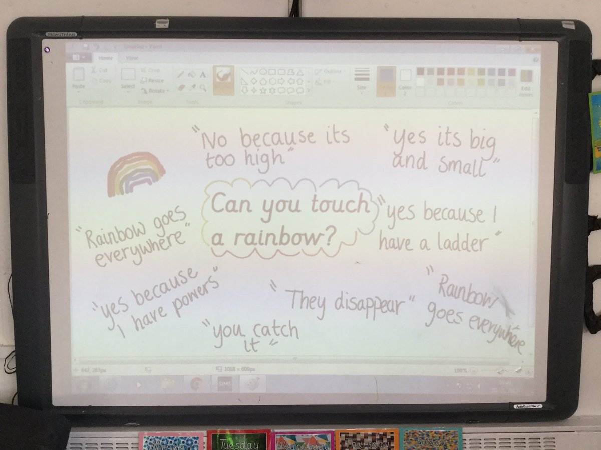 Thursday Thunk 🤔 Can you touch a rainbow? 🤔 @ShacklewellE8 #Nursery children thinking outside the 📦! 'yes because I have powers'. Yes you do indeed! 👌🏼@The_IEYC #weatherwonders